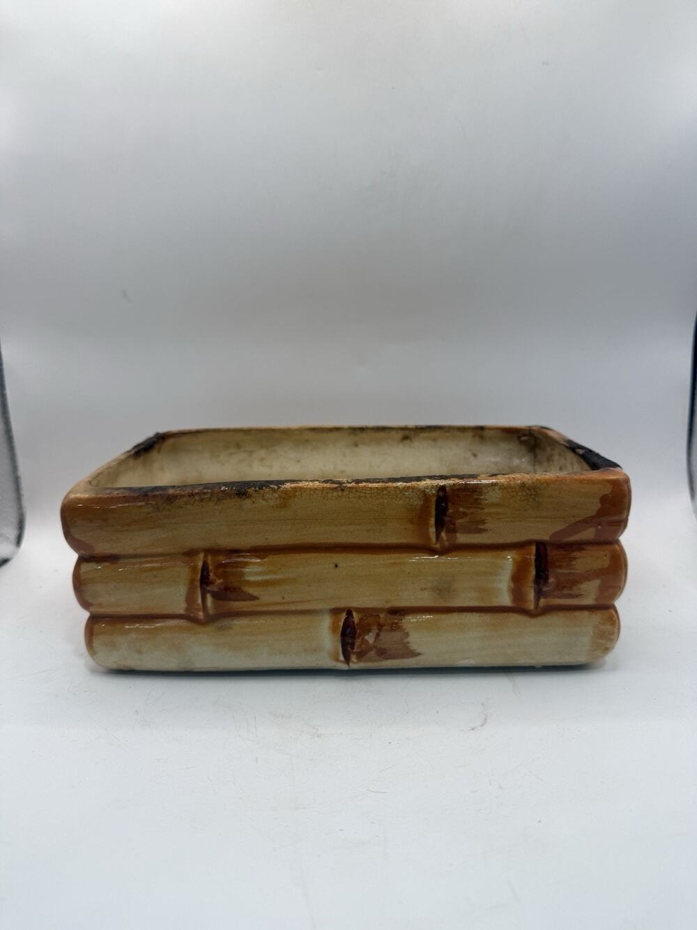 Vintage Ceramic Faux Bamboo Rectangular Planter 8” Brown Tan MCM Asian Decor *